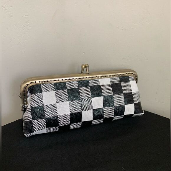 Handmade Genuine Leather Checker Embossed Kiss-lock  Small Clutch/Cosmetics Case - Picture 5 of 13